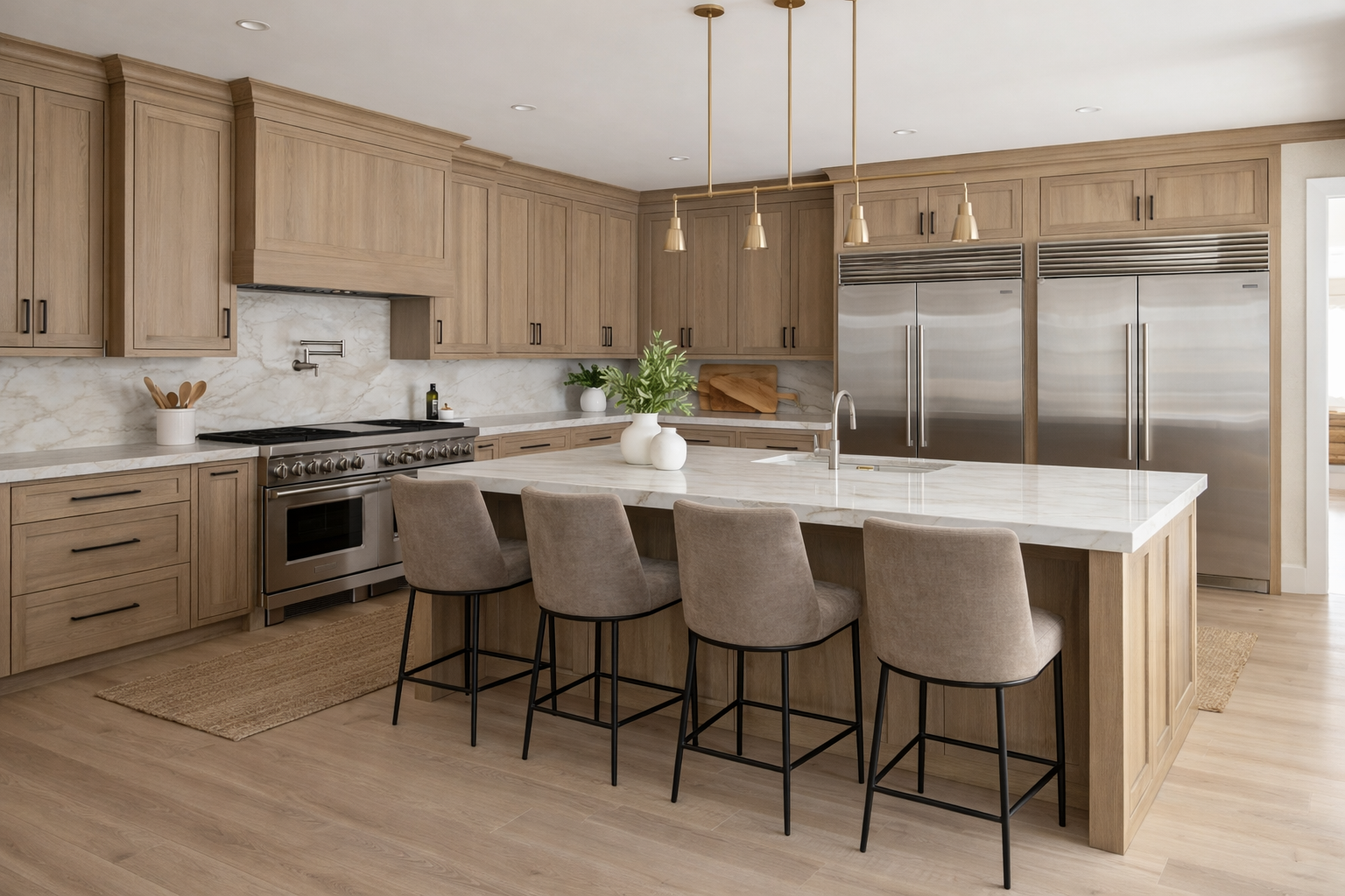 This is a modern kitchen with light wood cabinets, a large island with a white marble-look countertop, and stainless steel appliances. The kitchen features pendant lighting over the island, creating a warm and inviting atmosphere. The space is well-lit and appears to be designed with high-end finishes.