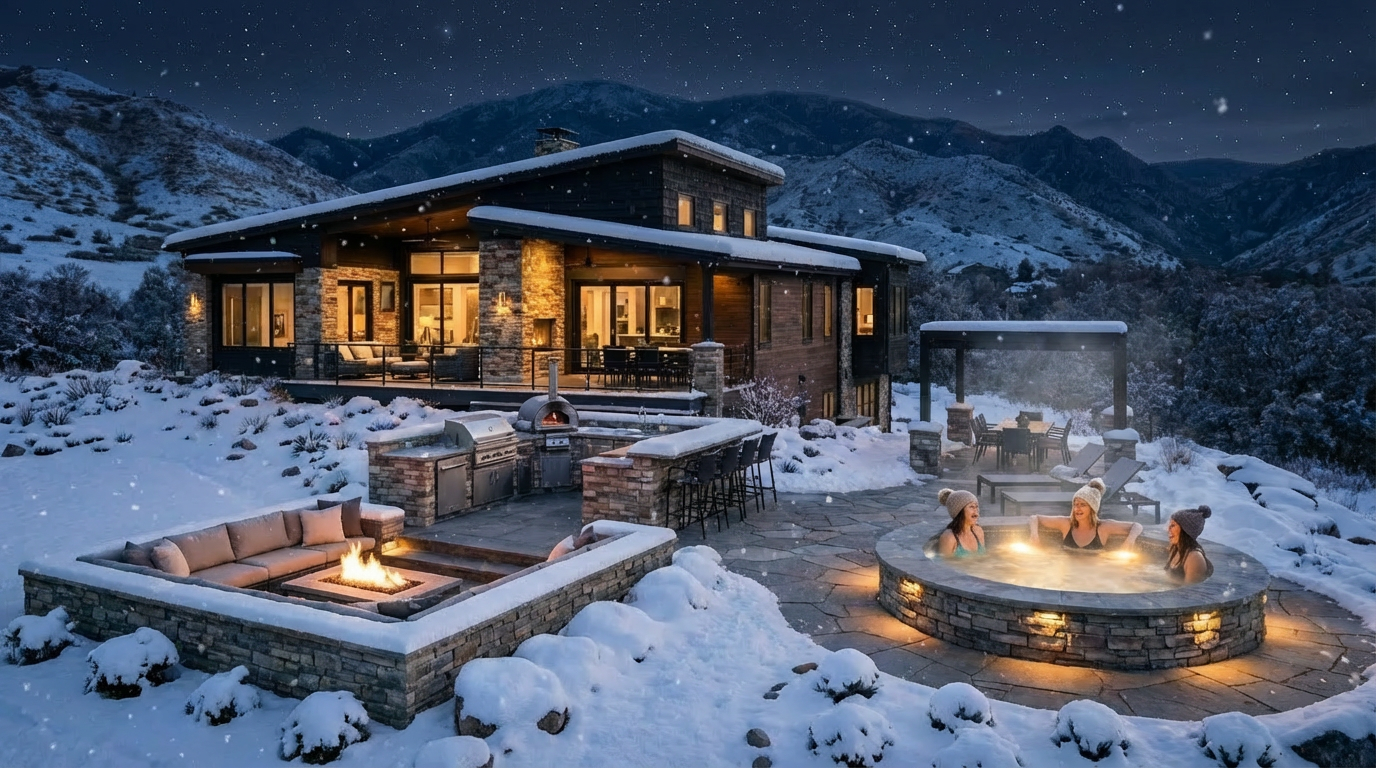This image showcases the rear exterior of a luxury mountain home featuring a stone patio with a built-in seating area, a fire pit, a modern outdoor kitchen, and a hot tub with women enjoying the amenities. The property is surrounded by snow-covered landscaping and mountains, creating a serene and upscale atmosphere, ideal for relaxation and entertaining.