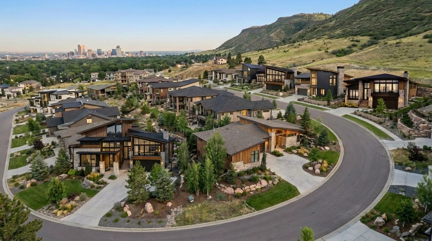 This aerial view showcases a luxury residential development nestled amongst green hills with a city skyline in the distance. Modern homes with unique architectural designs, well-maintained landscaping, and perfectly paved streets emphasize the high-end nature of the neighborhood. The image highlights the community's desirable location and upscale living environment.