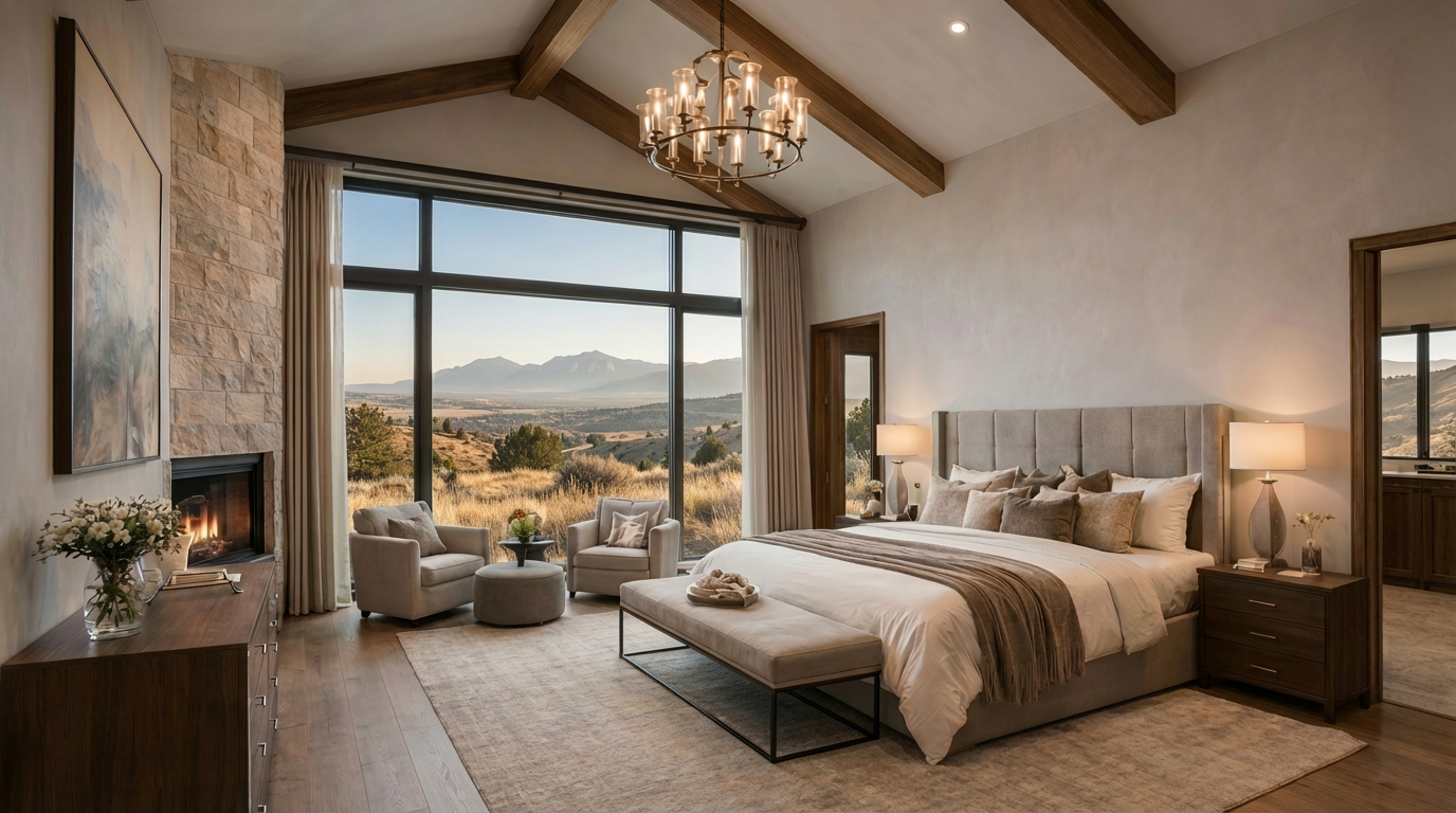 This is a luxurious primary bedroom featuring a high ceiling with wooden beams, a large window with a scenic view, and a stone fireplace. The room is decorated in neutral tones, with a large bed, two armchairs, and a seating bench, creating a serene and inviting atmosphere. The hardwood floors and area rug add warmth and texture to the space, offering a sophisticated and comfortable retreat.