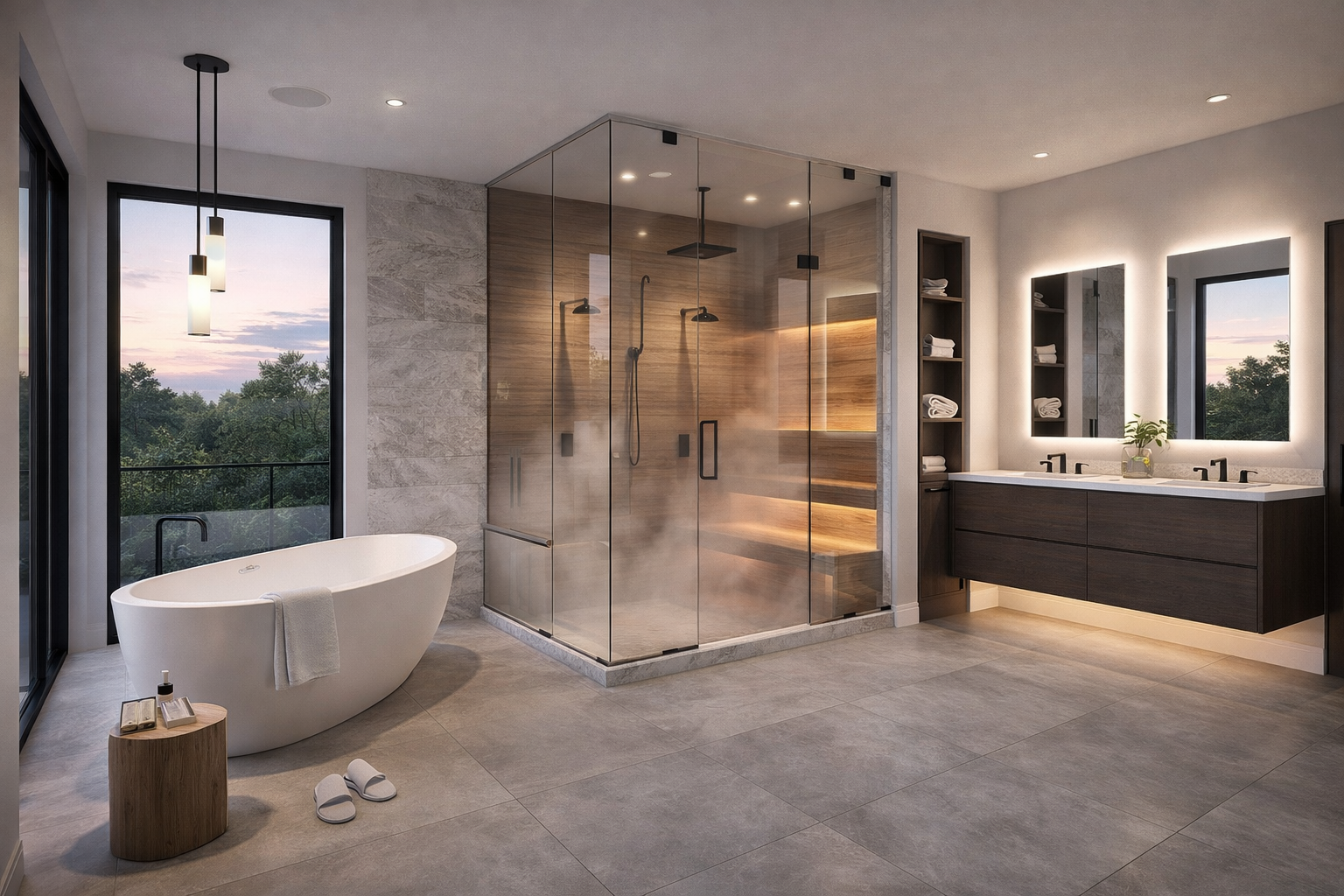 This is a modern primary bathroom featuring a sauna shower with glass enclosure and wooden benches, a freestanding bathtub by a large window, and a floating double vanity with illuminated mirrors. The room uses neutral color palettes with gray tiles and wood accents, creating a spa-like and luxurious ambiance.