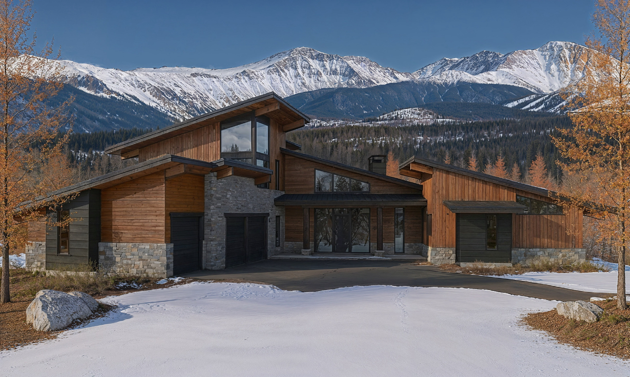 The image showcases the front exterior of a modern mountain home. Its design blends natural elements like wood and stone, harmonizing with the snowy, mountain backdrop. The house features a multi-level roofline, large windows offering views, and ample parking space, creating an inviting and sophisticated ambiance.
