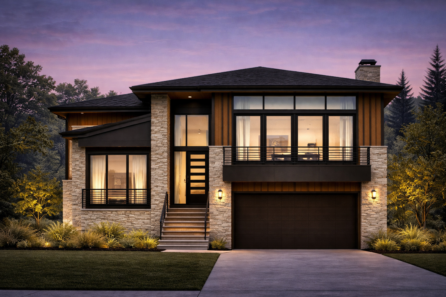 This is a professionally staged front exterior view of a modern two-story residence. The house features mixed materials including stone veneer, dark wood siding, and dark metal accents. A well-manicured lawn, illuminated landscaping, and a clean driveway enhance the curb appeal, reflecting a luxurious and contemporary lifestyle.