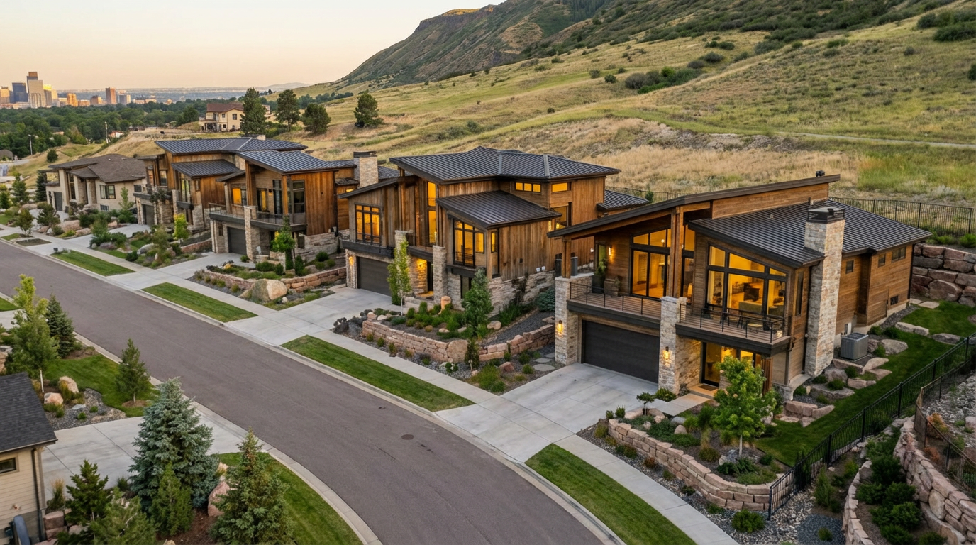 This aerial view showcases a row of modern luxury homes nestled against a hillside. The homes feature a blend of wood and stone exteriors, with meticulously landscaped yards. The overall impression is one of upscale living in a serene and natural setting.
