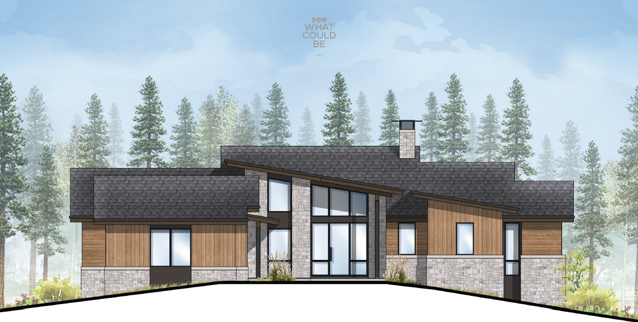 This image showcases the front elevation of a modern home with a natural, mountain-style design. It features a combination of wood siding and stone accents, creating a warm and inviting aesthetic. The roof has interesting lines and the expansive windows provide ample natural light and contemporary appeal.