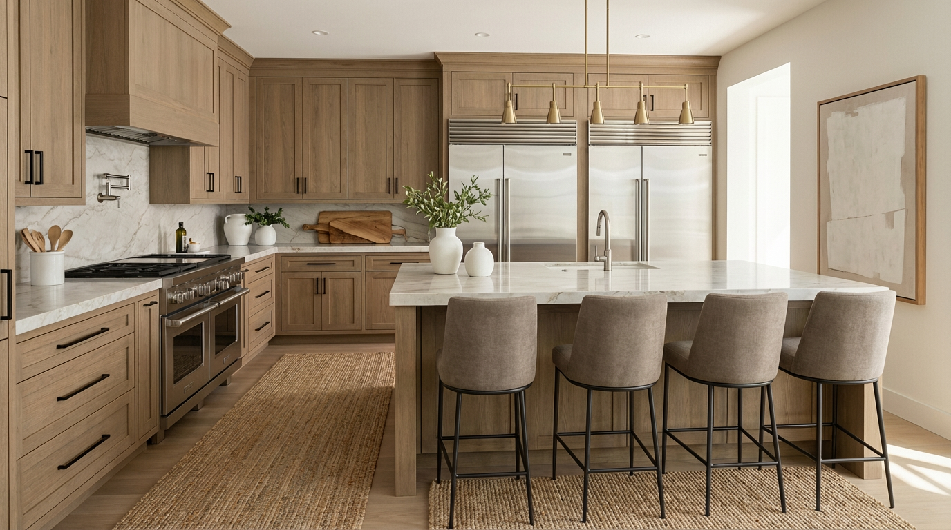 This is a beautifully staged kitchen featuring natural wood cabinetry with black hardware. The focal point is a large kitchen island with bar seating and a marble countertop, illuminated by modern pendant lighting. Stainless steel appliances complement the space, and a neutral-colored rug adds warmth and texture to the hardwood floor.