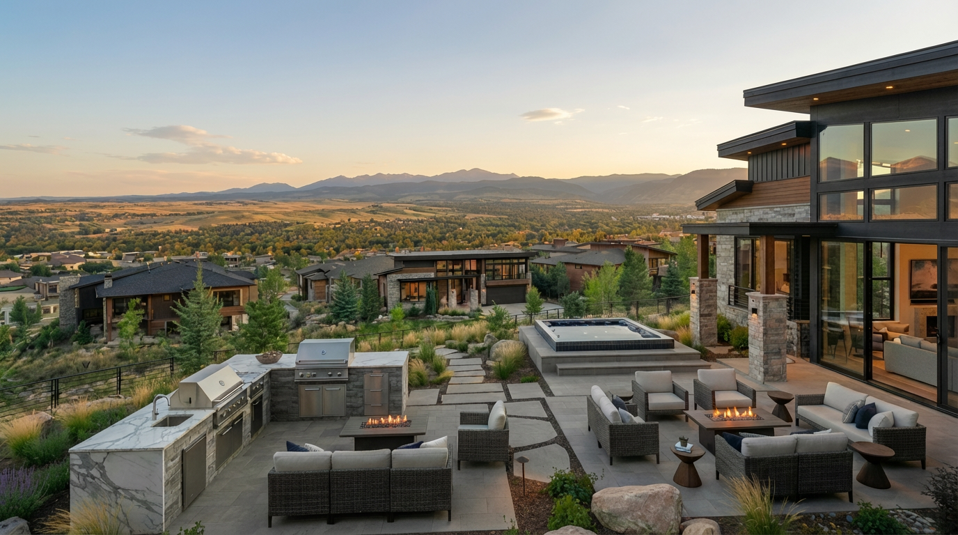 This image showcases a luxurious outdoor living space. The patio features comfortable seating arrangements around a fire pit, a built-in outdoor kitchen area, and a spa, all set against a stunning backdrop of rolling hills and mountains. The integration of modern design with natural elements creates an inviting and sophisticated atmosphere, ideal for entertaining or relaxation.