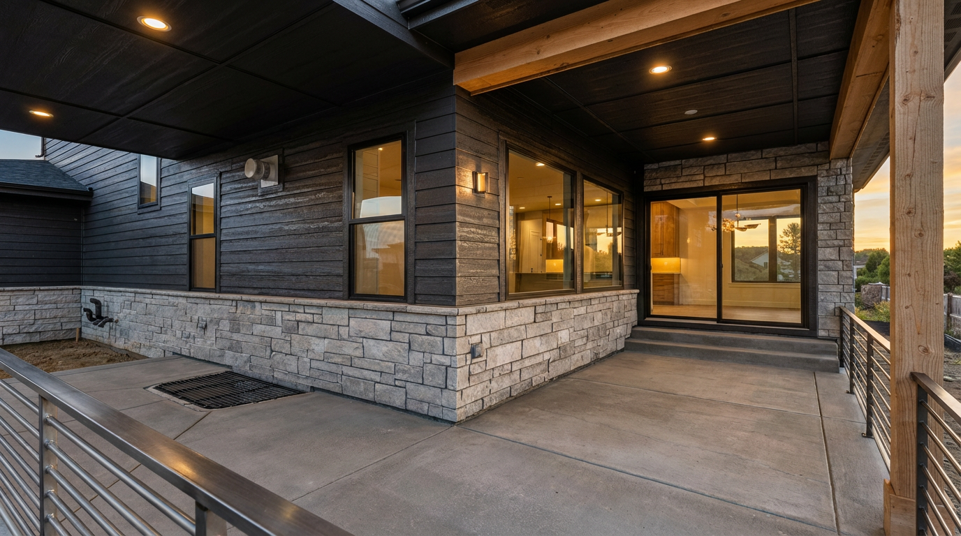 This image showcases an exterior space that functions as a patio or deck area of a home. The area features a concrete floor, a sleek metal railing, and a stone-clad base for the house siding which is dark with wide planks. The integration of outdoor lighting and the view into the interior through large windows suggest an inviting and functional outdoor living space.