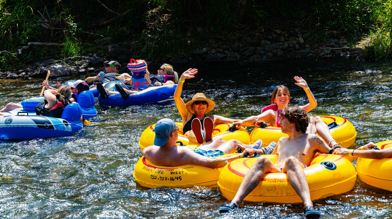 This image showcases people enjoying a river tubing activity, emphasizing a recreational amenity associated with a community. Several groups of people are floating on inflatable tubes in a gentle river current, creating a lively and engaging scene. The presence of natural surroundings and recreational activities suggests an appealing lifestyle offering for potential residents.