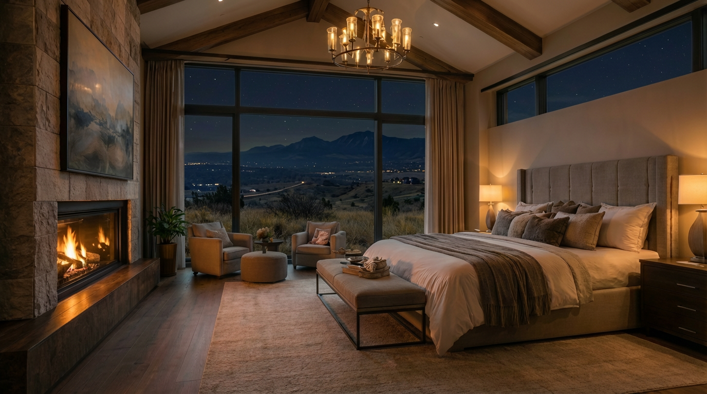 This is a luxurious primary bedroom featuring a large bed with a padded headboard, a fireplace with a stone surround, and a stunning view through a large window. The room has warm lighting and neutral tones, creating a cozy and inviting atmosphere. Exposed wooden beams add a rustic touch to the design.