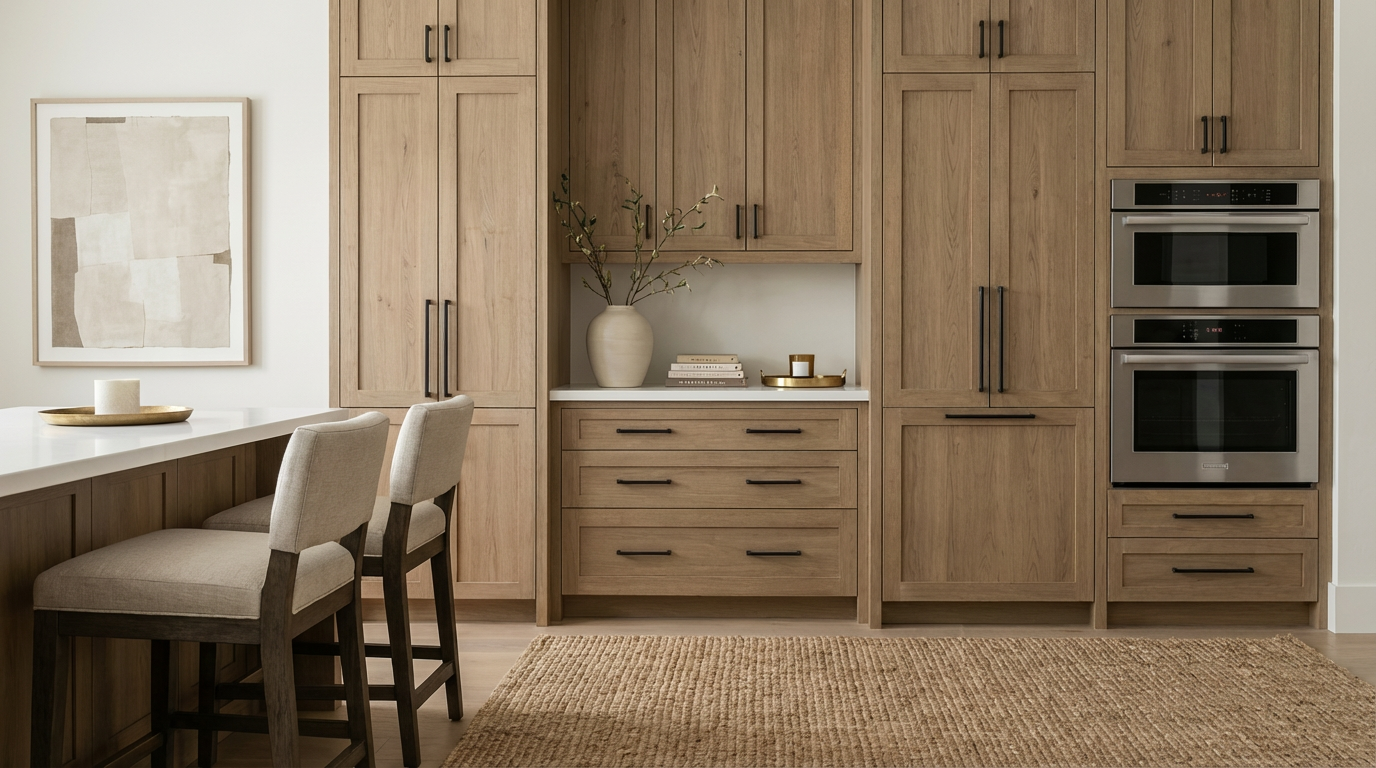 This kitchen showcases light wood cabinetry with black hardware and built-in stainless steel appliances. A breakfast bar with seating is adjacent to an off-white countertop with minimal decor. The space is illuminated with warm, natural light enhancing its inviting atmosphere.