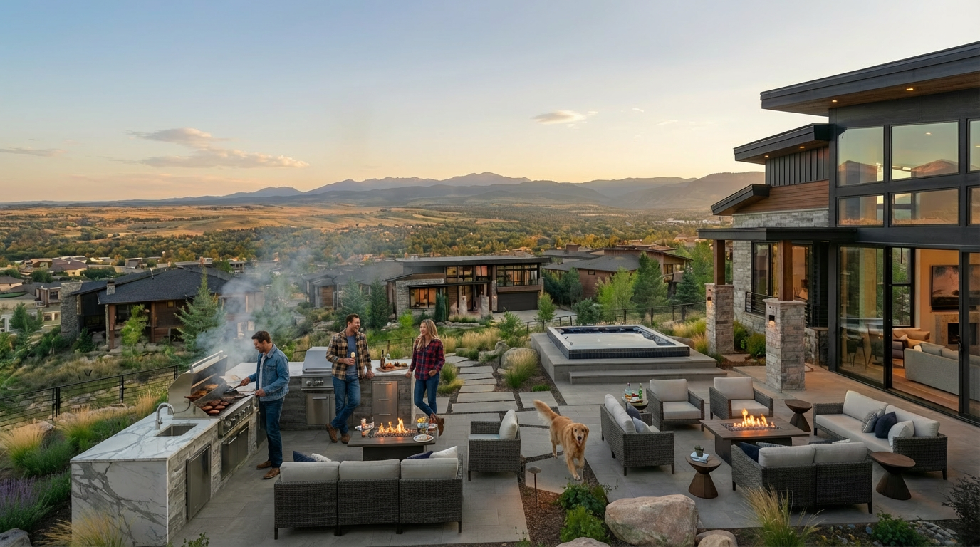 This image showcases a luxurious outdoor patio and deck area of a modern home. It features a complete outdoor kitchen with a built-in grill, a fire pit surrounded by comfortable seating, and a hot tub. The space is designed for entertaining and relaxation, with stunning views of the surrounding landscape and mountains.
