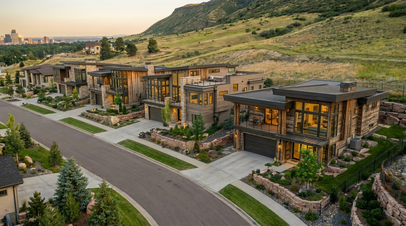 This aerial shot showcases a row of modern homes against a backdrop of rolling hills. Each residence features unique architectural details with a blend of natural wood siding and contemporary design. Well-manicured landscaping and a neatly paved street enhance the curb appeal of these luxury homes.