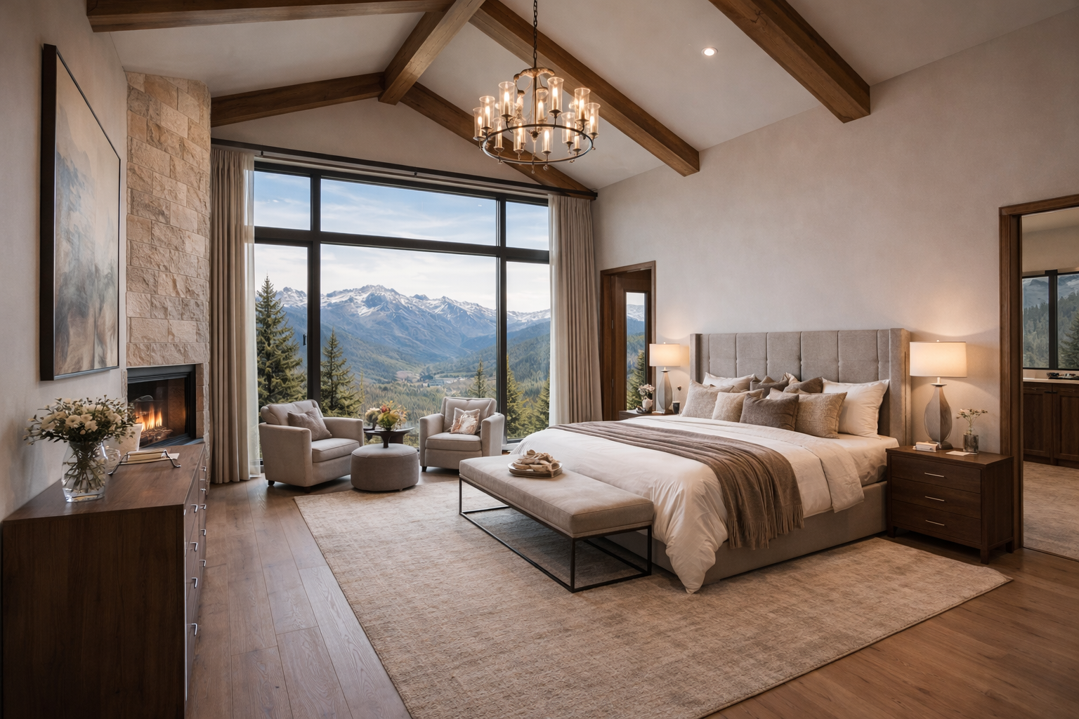 This is a primary bedroom featuring a neutral color palette and mountain views. The room has a large window, a stone fireplace, and exposed wood beams which lend a rustic, yet elegant feel. The space includes seating, a king-sized bed, and hardwood floors, perfect for a luxurious retreat.