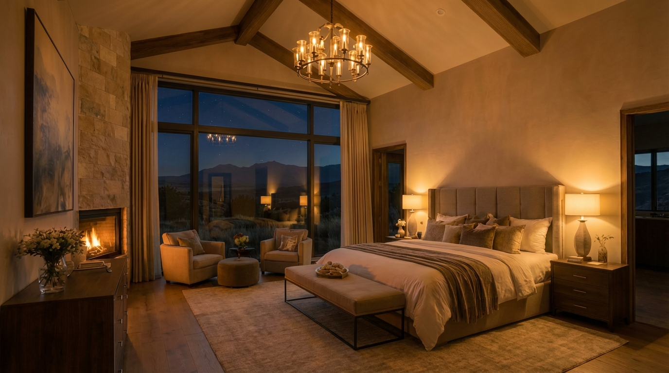 This is a luxurious primary bedroom featuring a large window with stunning night views. The room is well-lit with warm lamps, and includes a fireplace, carpeted floor, and a comfy bed with a neutral color palette. The overall style is elegant and inviting, creating a relaxing atmosphere.