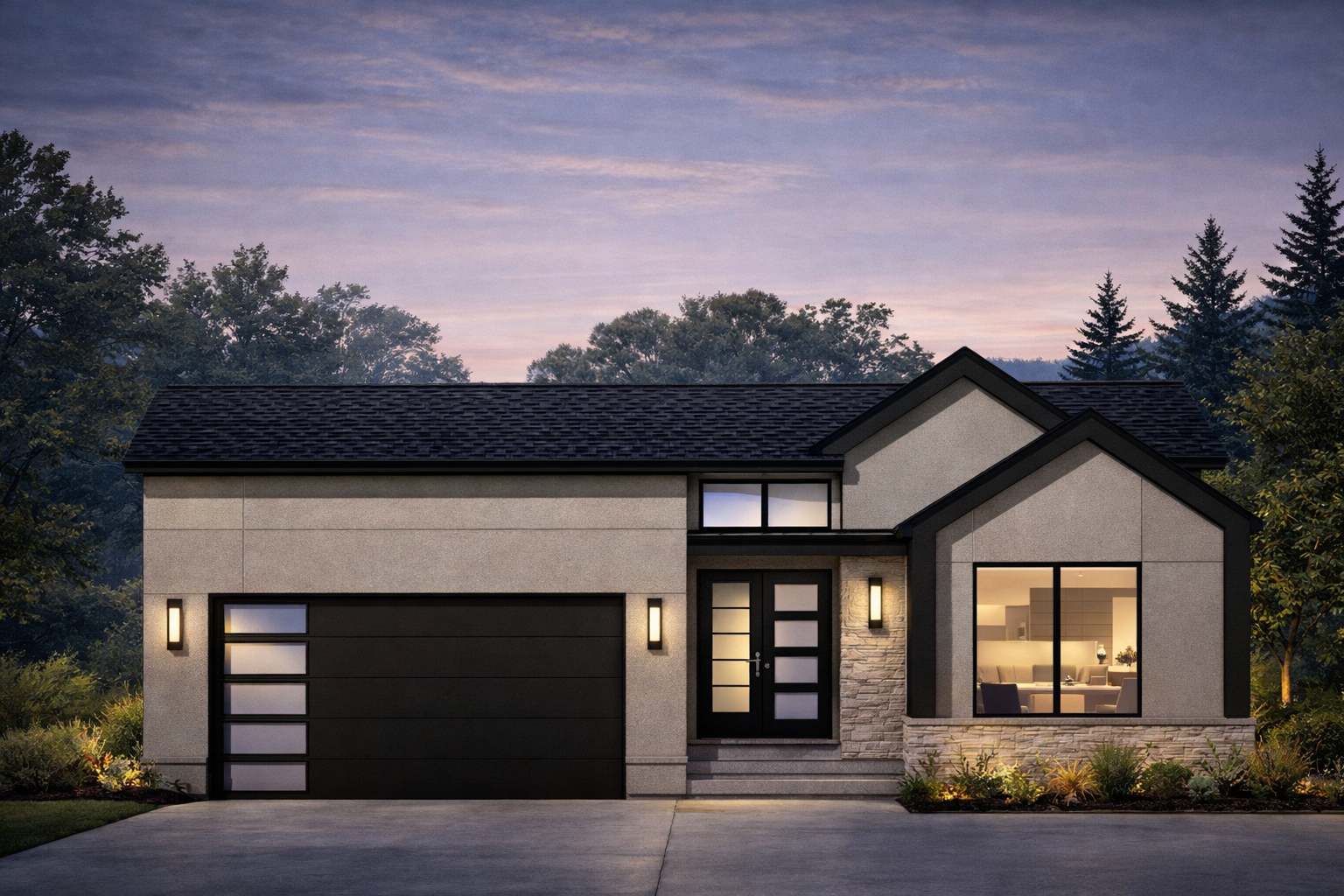 This is a front view of a modern single-family home. It features a dark garage door with adjacent windows and a dark double door entryway with sconces. The home has a mixed material exterior with a contemporary design.