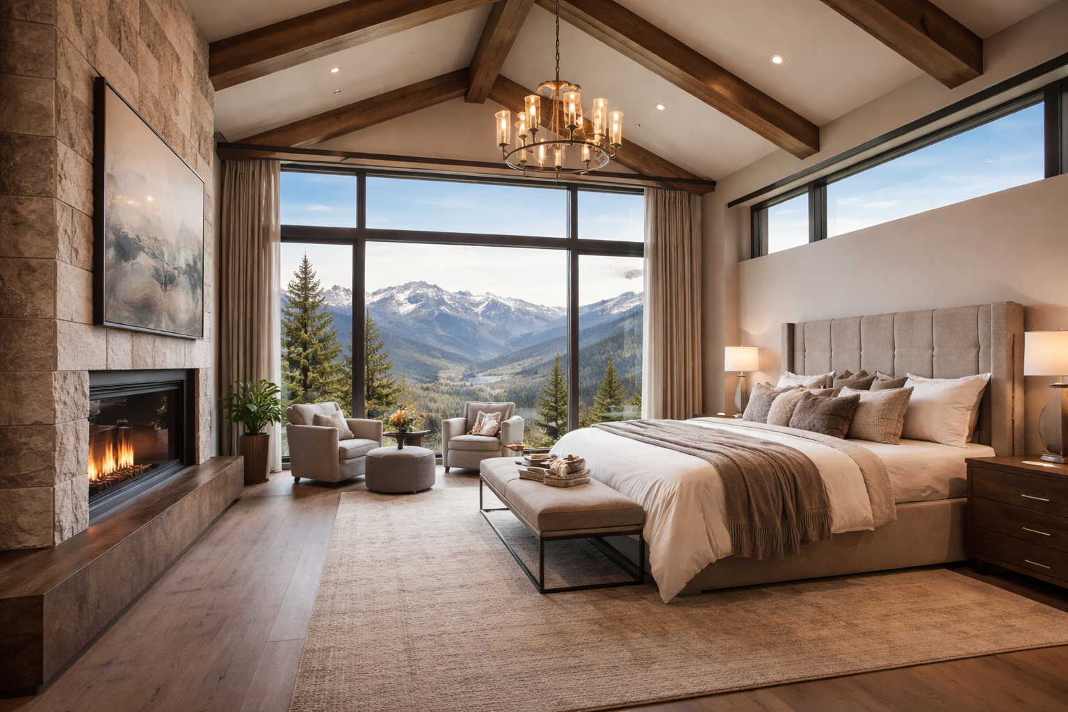 This is a luxurious primary bedroom featuring a grand window with mountain views. A fireplace with a stone surround adds warmth and character, while the neutral color palette creates a calming atmosphere. The room is well-appointed with comfortable seating and a plush bed, making it highly desirable.