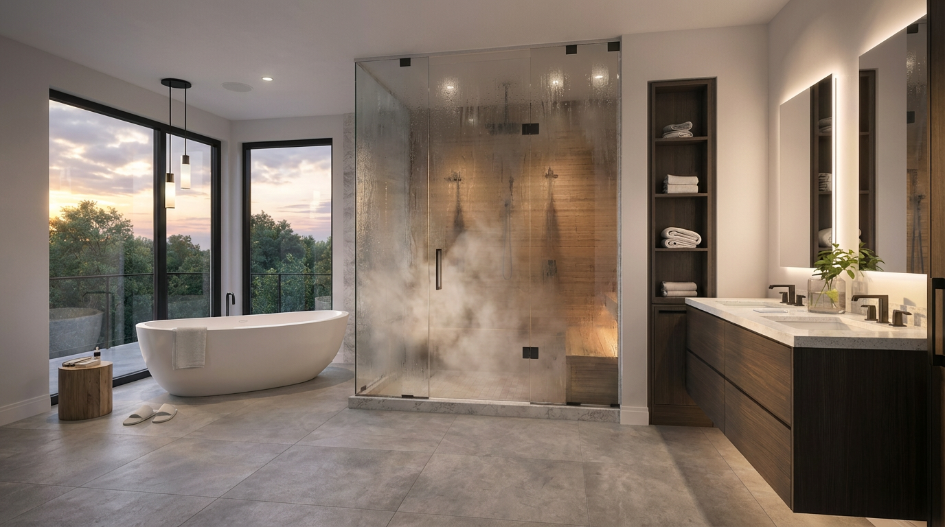 This is a luxurious primary bathroom featuring a freestanding tub, a spacious glass-enclosed shower with steam, and a double sink vanity. The design incorporates natural light and contemporary fixtures, creating a spa-like atmosphere. The neutral color palette and clean lines contribute to a sophisticated and relaxing environment.