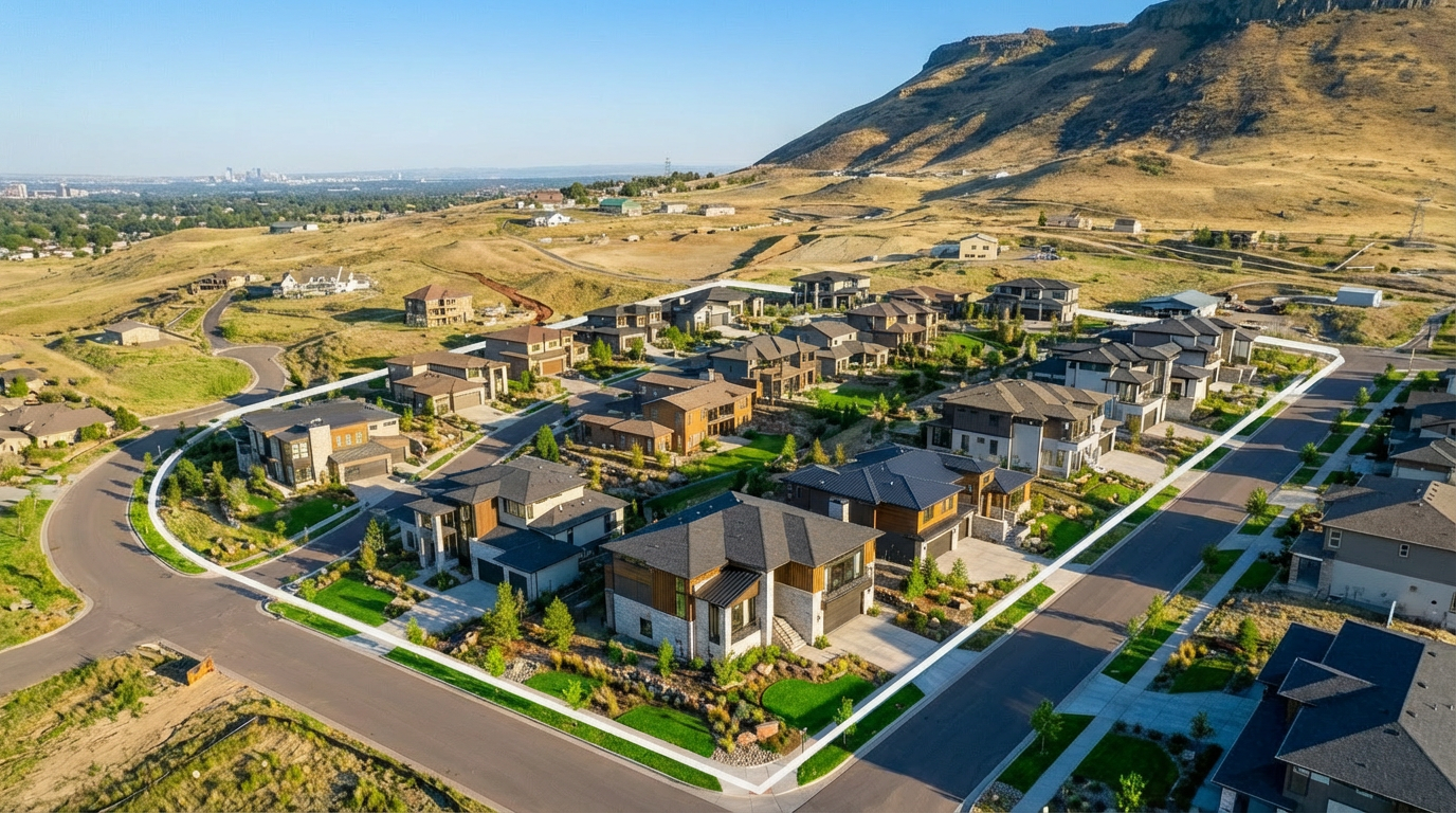 This is an aerial view of a modern residential neighborhood nestled against a scenic hillside. The homes feature contemporary architectural styles with a mix of materials, including stone, wood, and dark roofing. Landscaped yards and well-maintained streets enhance the curb appeal of these luxury homes, suggesting a desirable and upscale living environment.