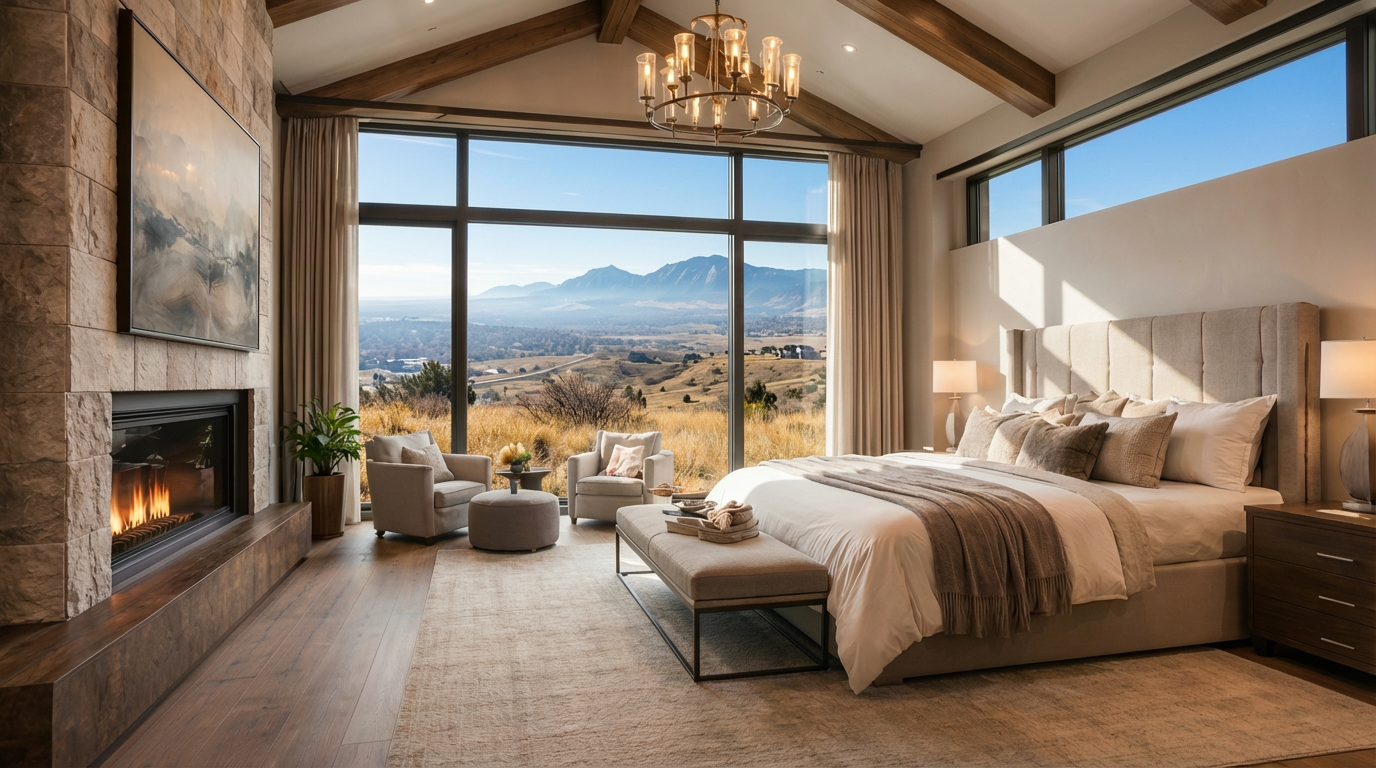 This is a luxurious primary bedroom with a stunning view. Large windows showcase mountains and a valley, creating a serene backdrop. The room features a stone fireplace, a seating area, and a neutral color palette that evokes a sense of sophistication and calm.