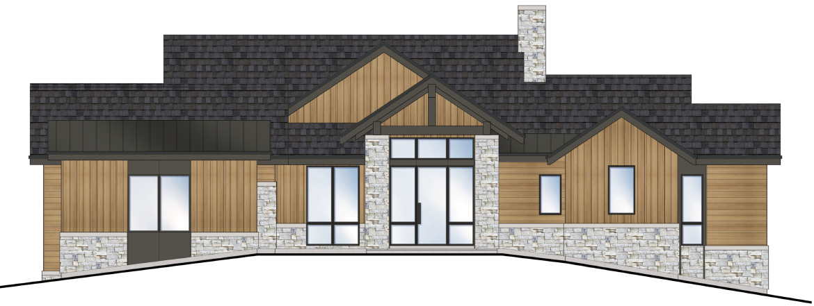 The image showcases the front elevation of a modern home with a mix of wood siding, stone accents, and a dark shingle roof. Large windows and a prominent entryway create a welcoming facade. The landscape includes a gentle slope, enhancing the architectural design.
