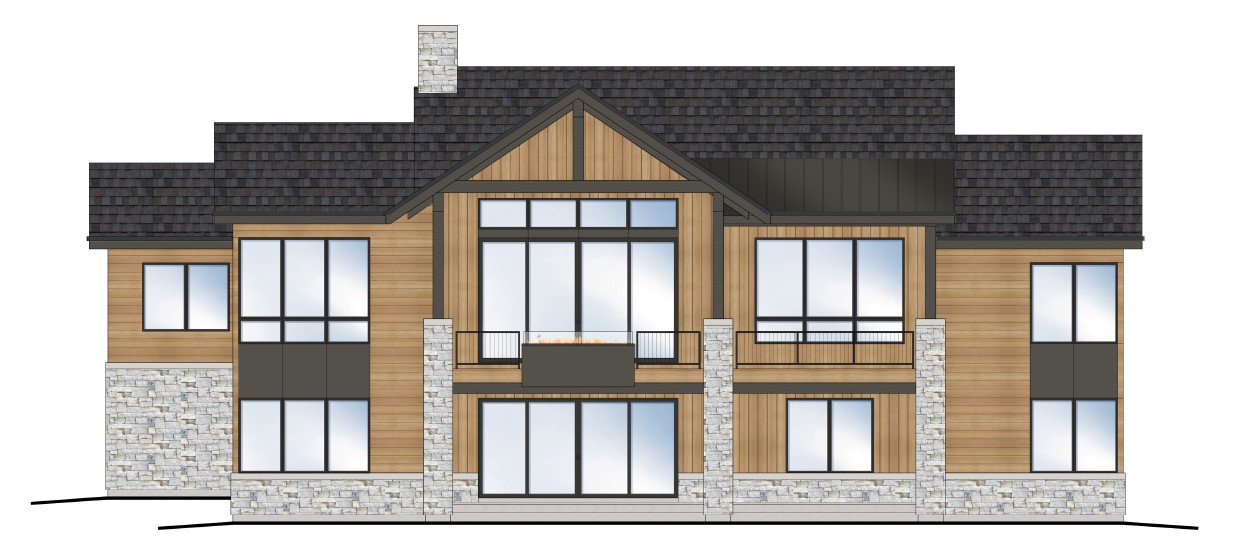 This image showcases the front elevation of a modern home featuring a combination of wood siding, stone accents, and large windows. A central gabled section with a balcony adds visual interest, while a dark gray roof and stone chimney contribute to the home's sophisticated aesthetic. The architectural design conveys a sense of contemporary elegance and warmth.
