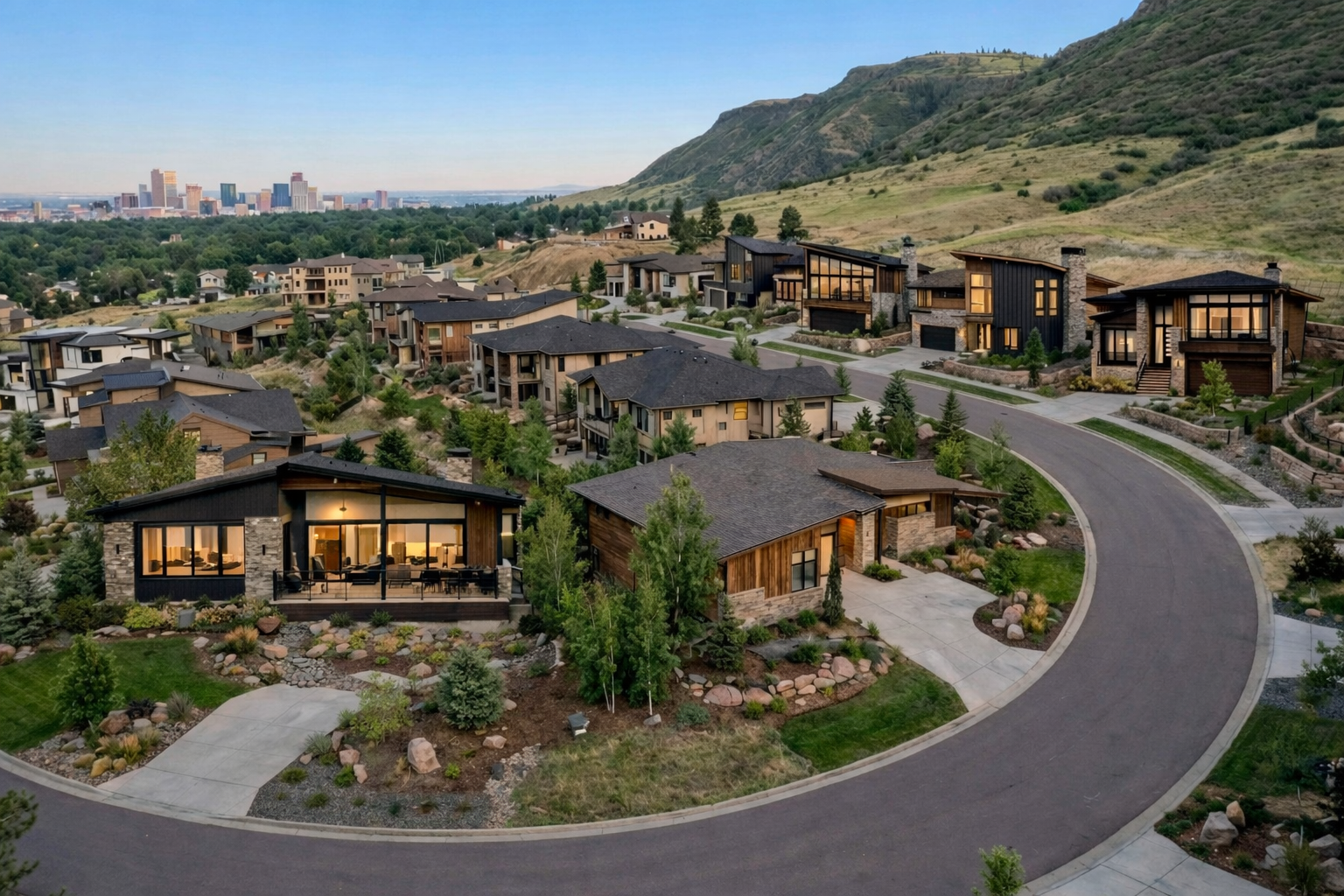 An aerial view showcases a high-end residential neighborhood nestled against a mountain backdrop, with a cityscape visible in the distance. The contemporary homes feature a mix of natural materials like wood and stone, complemented by manicured landscaping. A winding road adds to the scenic appeal of this upscale community.