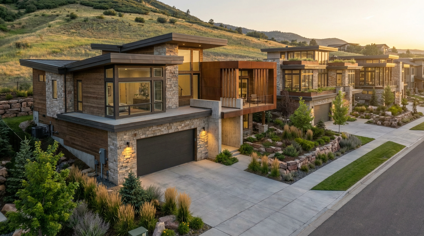 This image showcases the front exterior of a modern, upscale home. The home features a blend of materials including stone, wood, and metal, with a contemporary architectural style. A well-manicured yard and professional landscaping enhance the property's curb appeal, suggesting a high-end living environment.