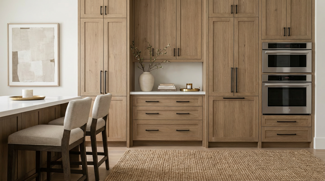 This image showcases a well-organized kitchen featuring light wood cabinets, black hardware, and stainless steel appliances. The kitchen includes a built-in double oven and a countertop space with bar seating. A woven rug adds texture and warmth to the area, creating an inviting and functional kitchen space.