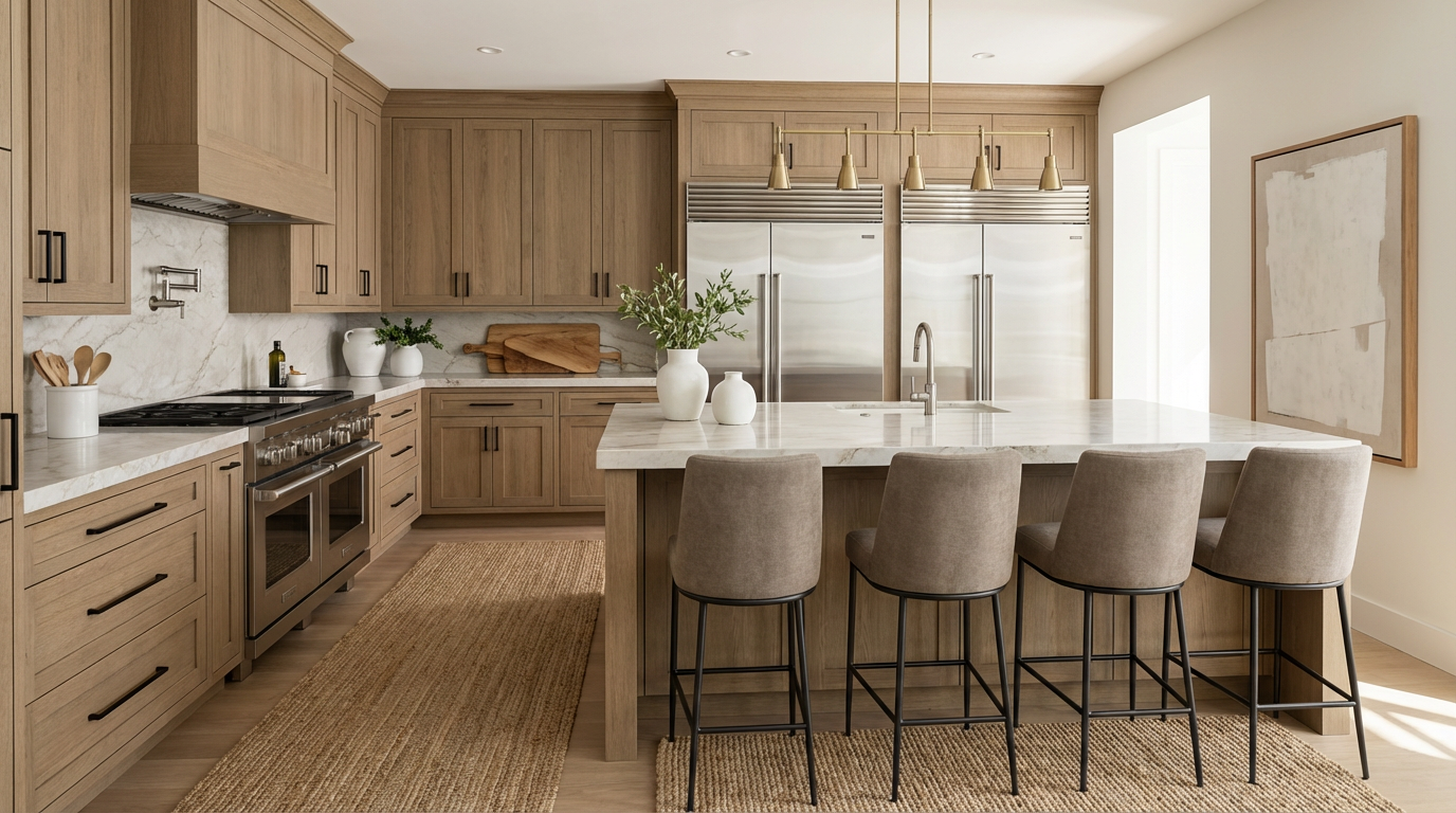 This is a warm and inviting kitchen with light wood cabinetry and a large island featuring marble countertops. Stainless steel appliances, including a range and refrigerator, complement the natural tones. Bar stools line the island creating a space for dining and the woven rug adds texture and warmth to the kitchen.
