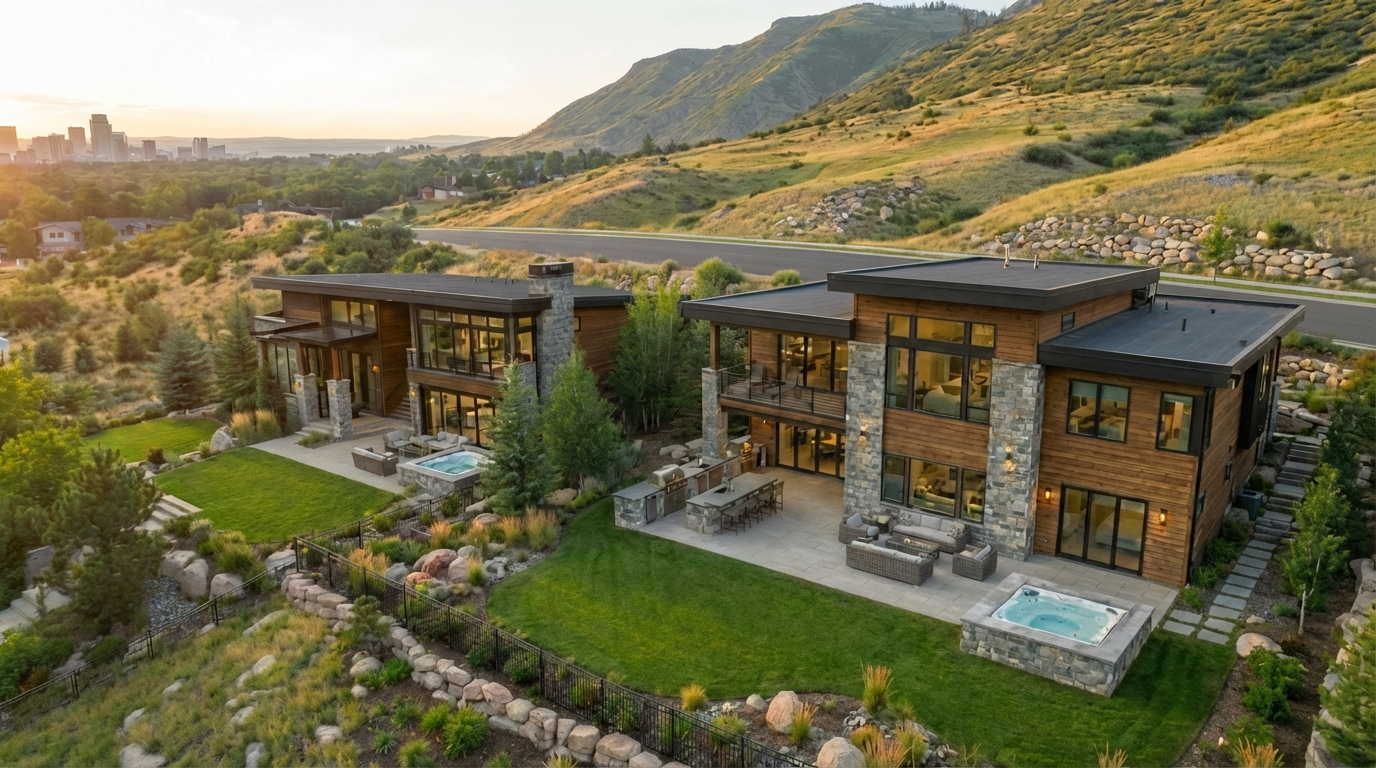 This aerial view showcases a luxurious dwelling with a contemporary design, nestled into a hillside. Two distinct structures are visible, each featuring modern architectural elements such as clean lines, flat roofs, and a blend of wood and stone exteriors. A well-maintained backyard with manicured lawns, stone features, patios, and hot tubs complements the homes, offering an inviting outdoor living space.