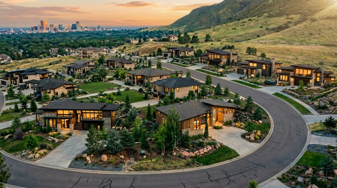 An aerial view showcases a luxury residential neighborhood nestled against a mountain backdrop. The homes exhibit modern architectural designs with a mix of stone and wood exteriors, large windows, and well-manicured landscaping. The community appears upscale and secluded, offering residents both privacy and stunning views of the city skyline in the distance.