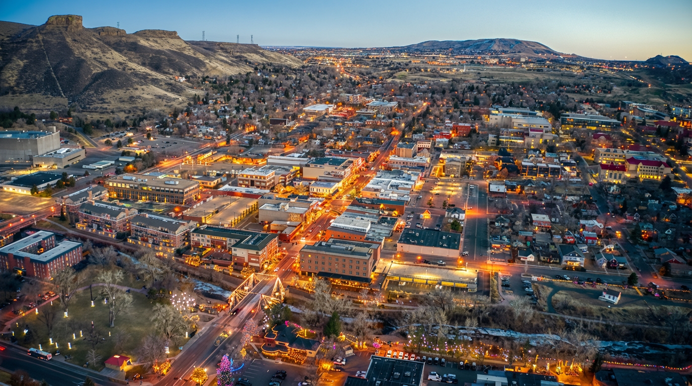 This aerial view showcases a vibrant cityscape at twilight, featuring commercial buildings, residential areas, and surrounding mountainous terrain. The scene is bathed in the warm glow of streetlights and building illumination, accentuating the urban landscape. A riverfront park with decorative lighting and holiday displays adds a festive touch.