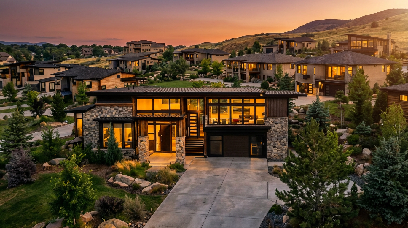 This is a captivating front view of a modern luxury home nestled within a high-end community. The property features a harmonious blend of stone and wood, large picture windows offering an abundance of natural light, and a well-manicured yard with mature trees and landscaping. The concrete driveway leads to an attached garage, complementing the home's clean lines and sophisticated design against a backdrop of rolling hills and a vibrant sunset.