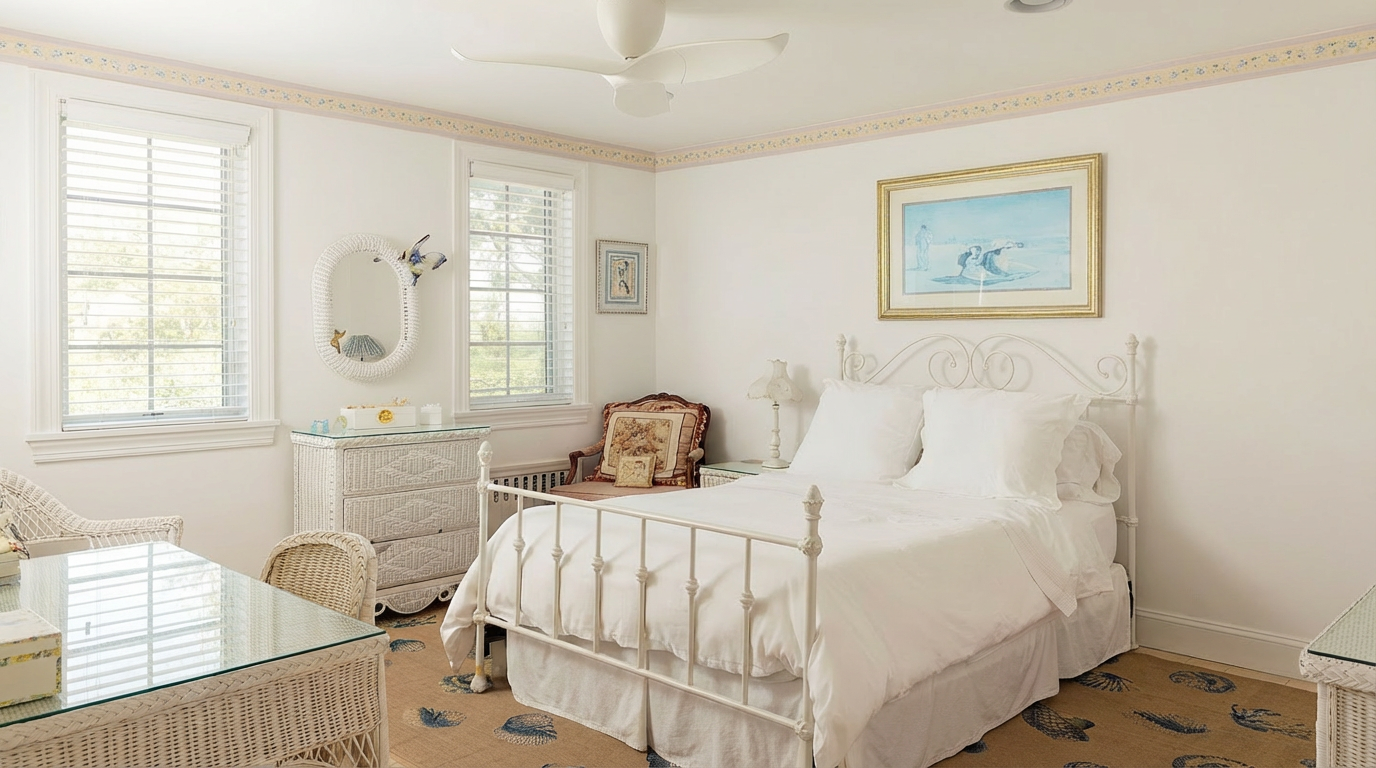 The image shows a charming interior bedroom, likely a guest room, featuring a white iron bed frame with white linens, matching white wicker furniture, and light walls. Natural light flows in through the shuttered windows. The room has a cozy and bright atmosphere, creating an inviting impression suitable for a real estate listing.