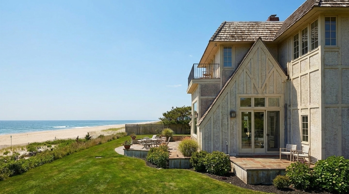 This image showcases the rear exterior of a stunning beachfront property. The house features a classic architectural style with distinct lines and a warm color palette. A beautifully maintained green lawn extends from the house to the sandy beach, and a patio area provides ample space for outdoor relaxation and entertainment.