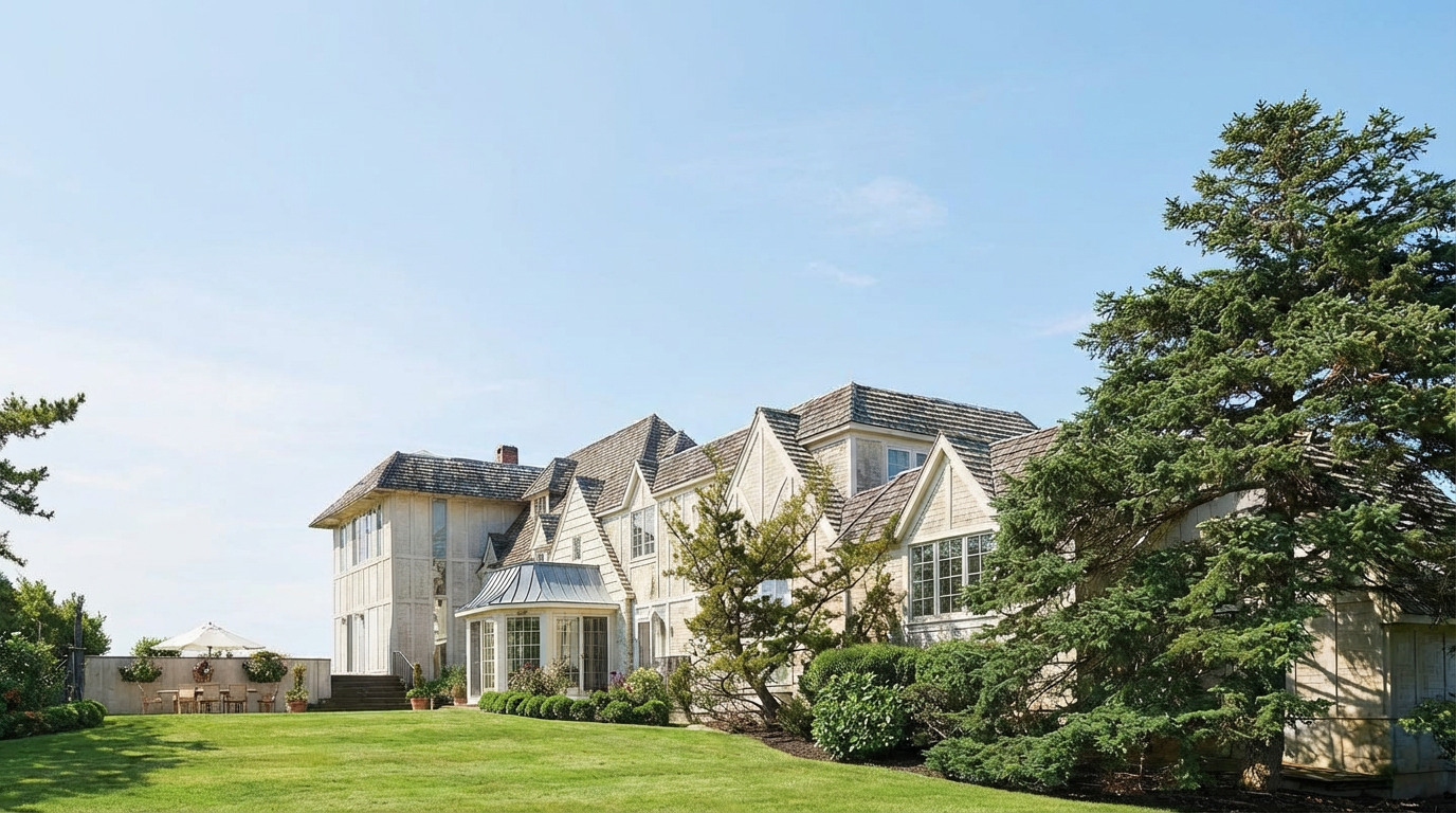This is an exterior shot showcasing the rear of a large, luxurious home. The house features multiple gabled roofs, light-colored wood siding, and several windows. A well-manicured lawn extends to inviting patio areas. The architecture suggests a high-end property in a serene, possibly waterfront, location.