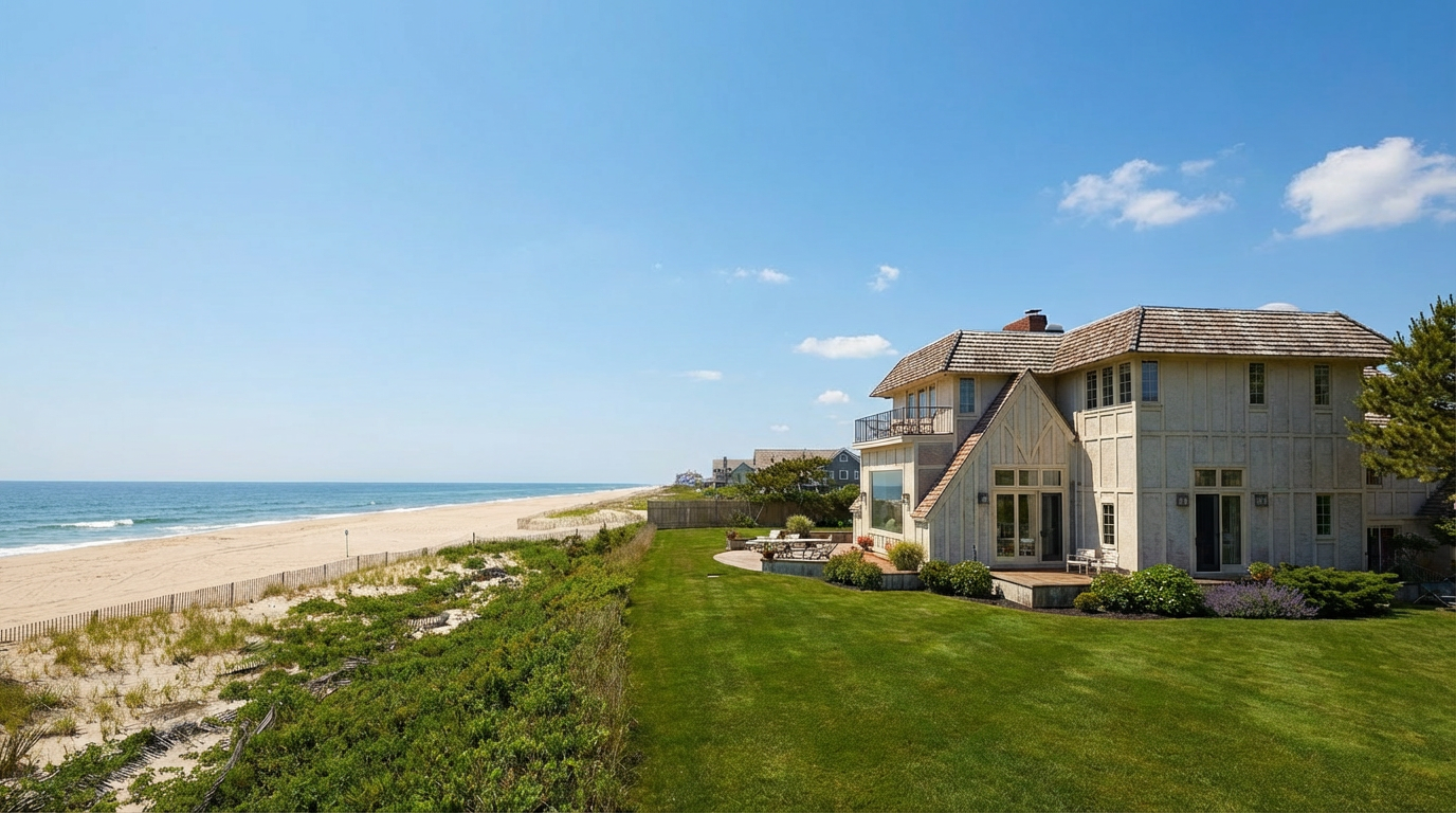 This image showcases the rear exterior of a luxurious beach house. The property features a well-manicured lawn leading to a private beach with views of the ocean. Architectural details include a balcony, multiple windows, and a charming gabled roof, enhancing the appeal of this exquisite beachfront residence.
