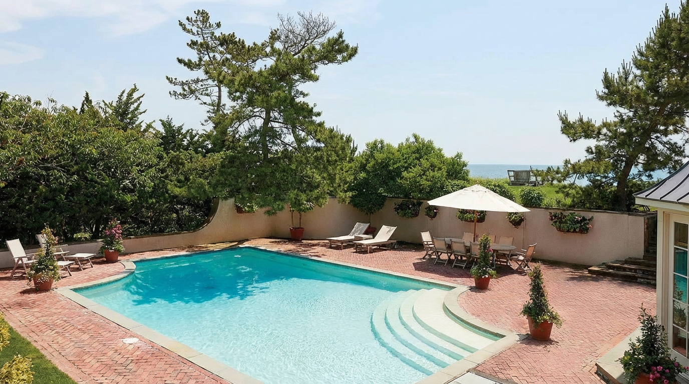 This image showcases a beautiful rectangular swimming pool surrounded by a brick patio. The pool has steps leading into the water and is bordered by lush greenery and a low wall with flower boxes, adding to the privacy and aesthetic appeal. Outdoor furniture and a canopy suggest a comfortable leisure space ideal for relaxation.