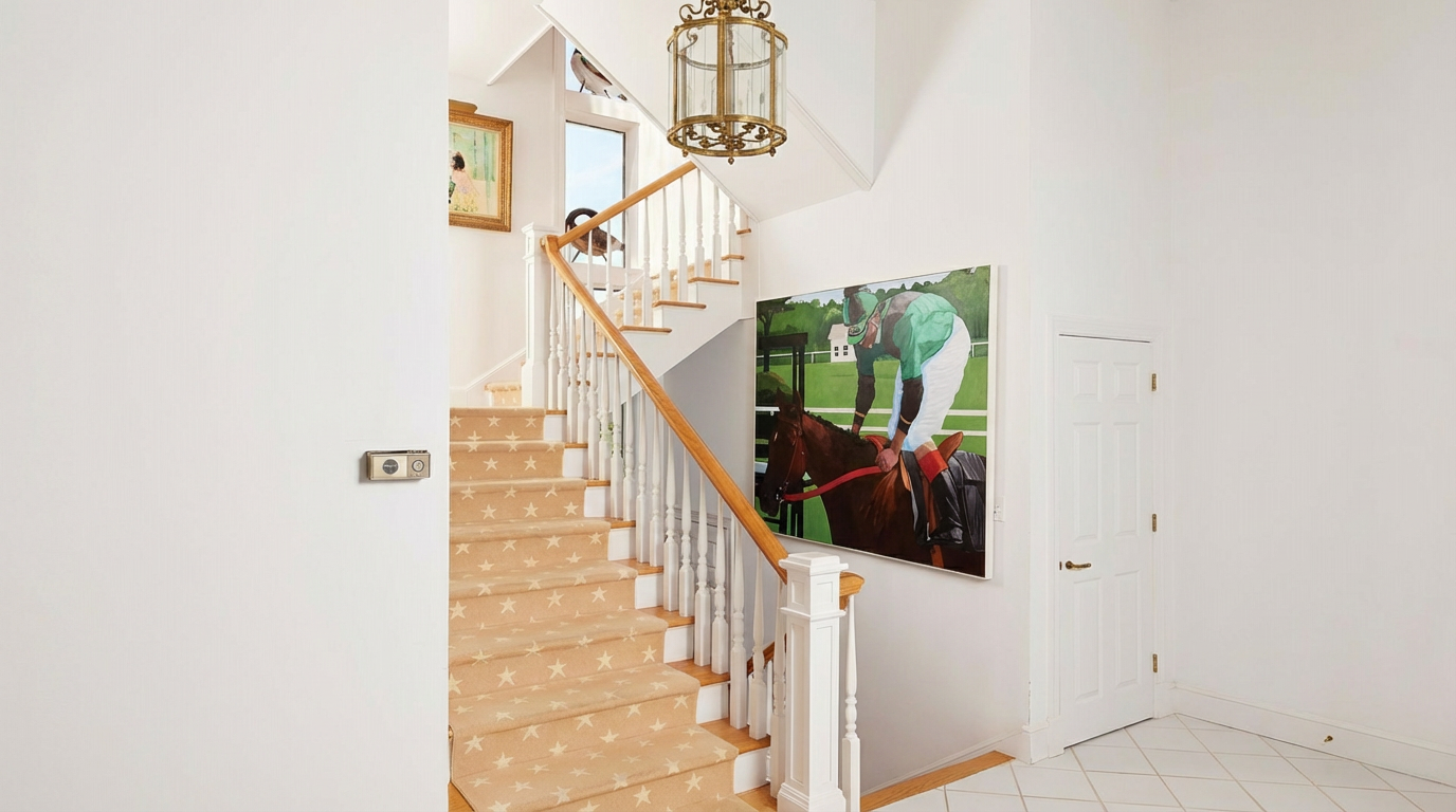 This interior shot showcases a well-lit hallway featuring a sophisticated staircase. The stairs are carpeted with a star pattern, and the walls are adorned with artwork, adding character. The overall impression is elegant and inviting, typical of a high-end residential property.