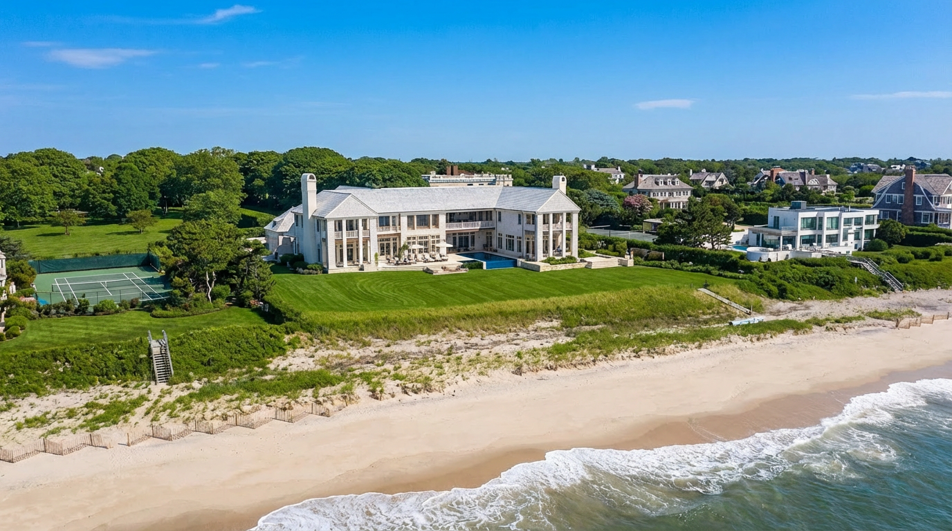 This aerial real estate photograph showcases a grand waterfront estate. The large, light-colored mansion features multiple columns, a pool, and expansive lawn space that stretches down to a sandy beach. A tennis court nestles among lush greenery, enhancing the property's appeal and overall impression of luxury.