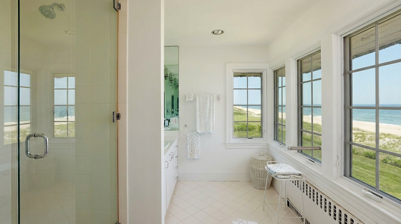 This is a bright primary bathroom with a modern coastal style. Key features include a glass-enclosed shower, white cabinetry, and multiple windows offering ocean views. The room is well-lit and appears spacious, contributing to a luxurious and relaxing atmosphere.