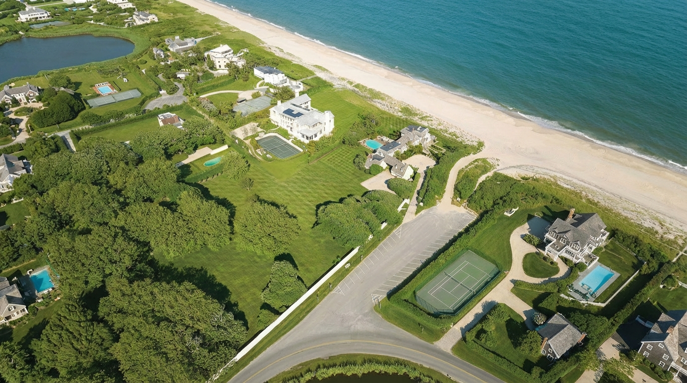 This aerial shot showcases an impressive residential property situated along a beautiful coastline. The estate features sprawling green lawns, a tennis court, a swimming pool, and a grand house, all set against the backdrop of the ocean and a picturesque pond. The layout highlights the property's expansive size and coveted beachfront location, emphasizing luxury and privacy.