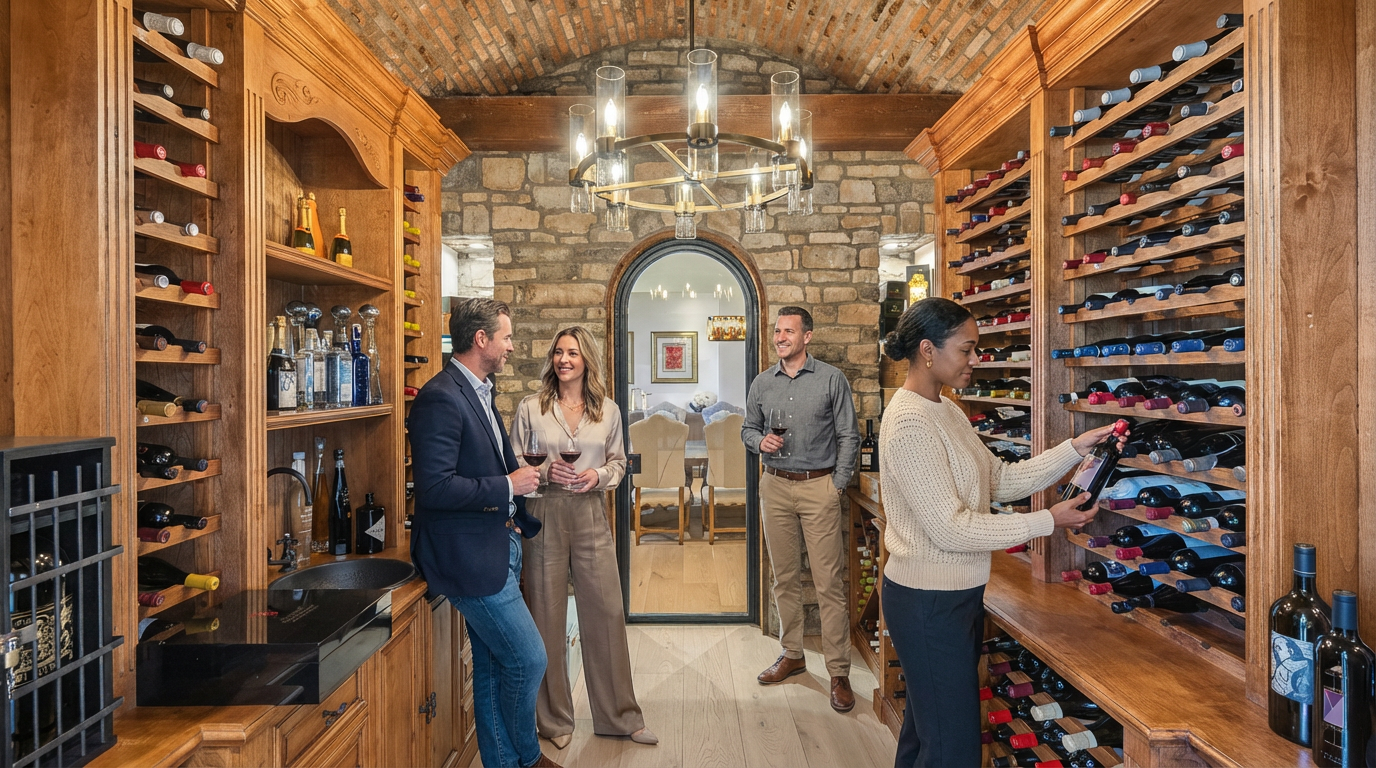 This is a well-appointed wine cellar with custom wooden racks filled with bottles. A group of people are seen enjoying glasses of wine within the cellar, which features a stone ceiling and walls, and a decorative chandelier. The room includes a sink and countertop space for serving, adding to the cellar's functionality and appeal as a sophisticated tasting area.