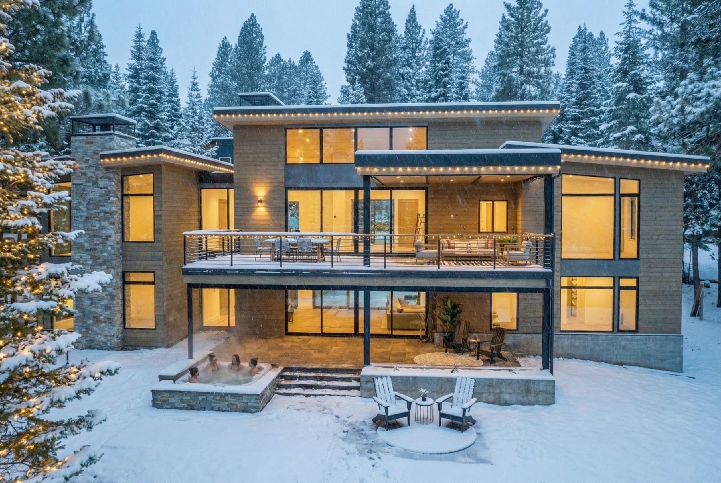 This is a rear view showing a modern two-story home in a snowy, wooded setting. The architectural style emphasizes clean lines and large windows that offer abundant natural light. Notably, there is a hot tub with people enjoying it and a covered patio with seating, enhancing the outdoor living experience and appeal.