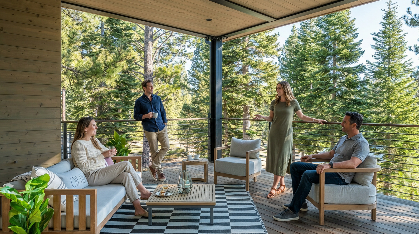 This image showcases a beautifully designed patio or deck area, perfect for entertaining or relaxing outdoors. The space features stylish outdoor furniture including a sofa and chairs, a coffee table, and decorative plants. A black and white striped rug adds a modern touch, while the surrounding trees provide privacy and a sense of tranquility. The roofed structure offers shade and protection from the elements.