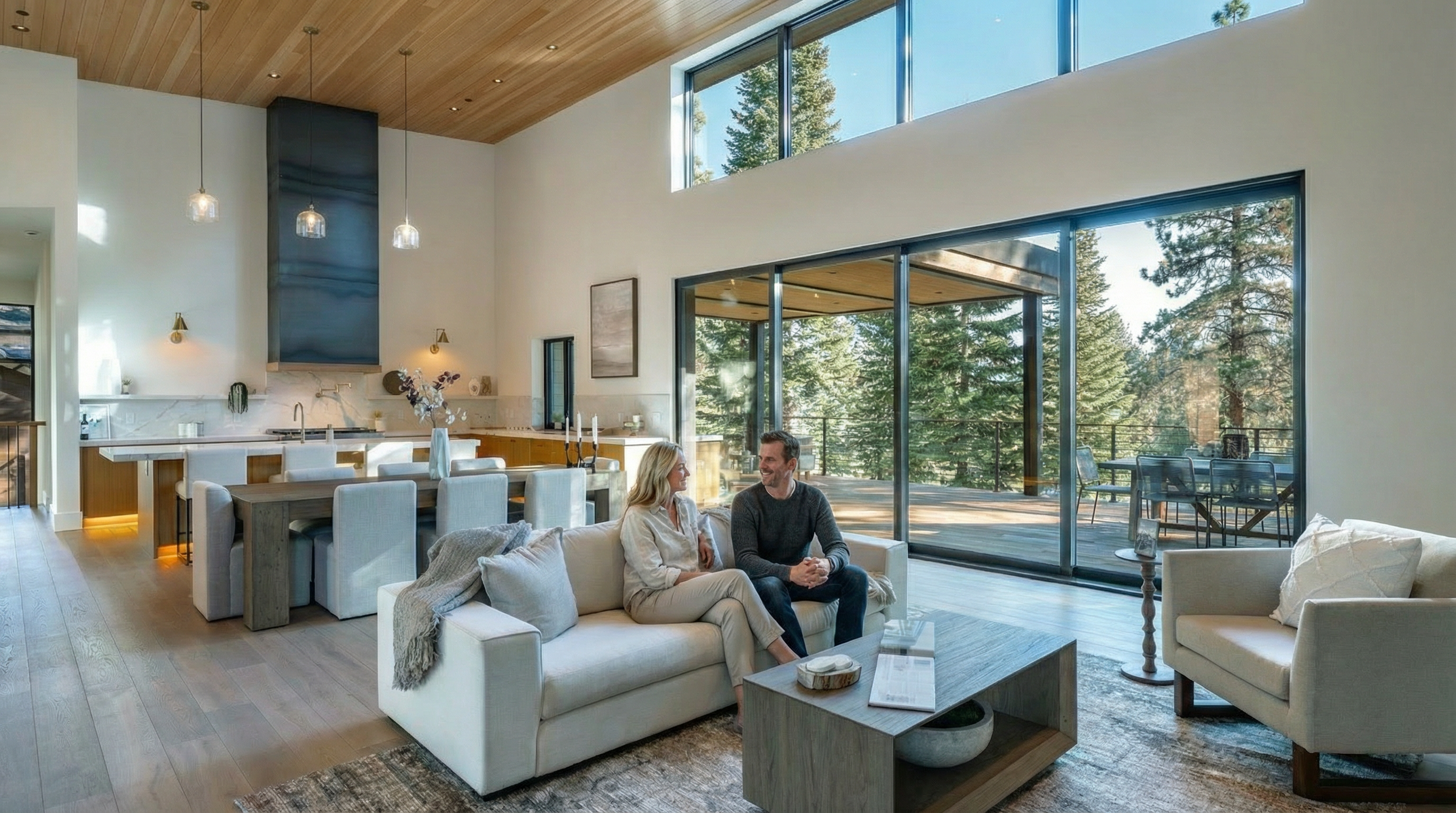 This is an interior shot of a well-lit living room, featuring a modern design with high ceilings and large glass sliding doors that offer panoramic views of the surrounding trees. The space includes a comfortable seating area with a sofa, armchair, and a modern coffee table, all situated on a patterned area rug. The open concept floor plan seamlessly integrates the living room with the dining area and kitchen, enhancing the sense of spaciousness and creating an inviting atmosphere for relaxation and entertainment.