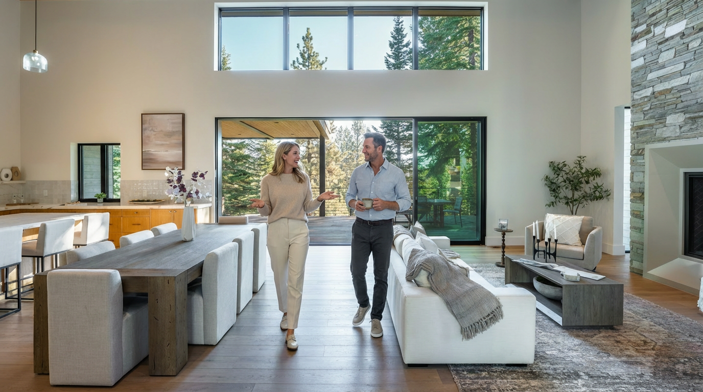 The image showcases a spacious, light-filled living room with an open floor plan. A modern dining table with upholstered chairs sits adjacent to the living area, which features a comfortable sofa, contemporary coffee table, and a stone fireplace. Large sliding glass doors provide access to an outdoor deck and views of a lush, wooded landscape.