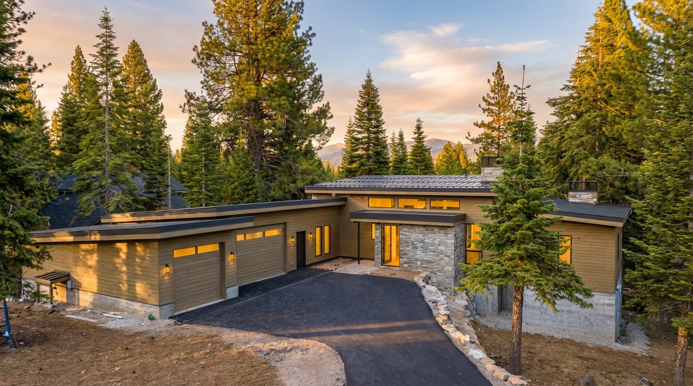 This is a front exterior view of a modern home nestled among tall evergreen trees. The house features a combination of wood siding and stone facade elements, giving it a contemporary yet rustic feel. A paved driveway leads up to the attached garage and front entrance, creating a welcoming approach. The overall impression is one of a well-maintained and stylish residence in a serene, wooded setting.