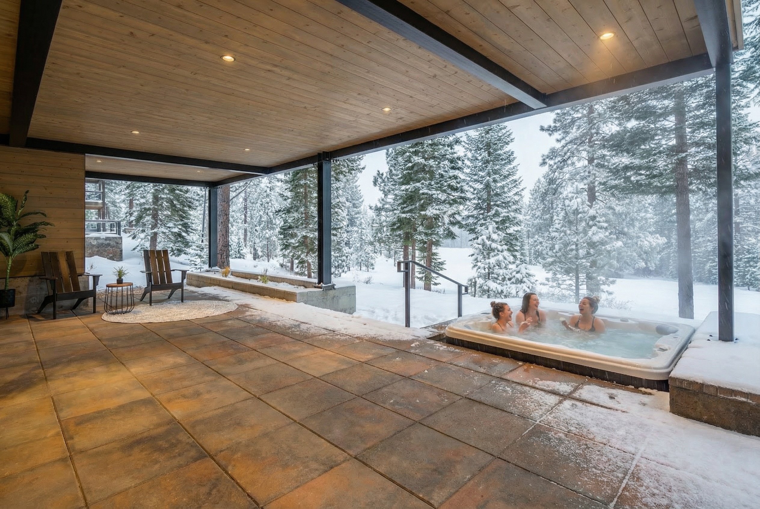This image showcases a cozy exterior patio or deck area featuring a hot tub with three women enjoying it in a snowy landscape. The well-maintained patio has tiled flooring, wooden ceiling, and a partially covered design, providing a luxurious space that seamlessly blends with the natural environment. The patio offers a unique winter experience and represents an attractive feature for relaxation and entertainment.